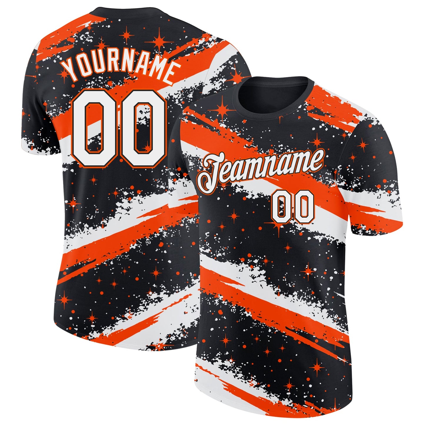 Custom Black White-Orange Brush Stroke Splatter Starburst Performance T-Shirt - Main View
