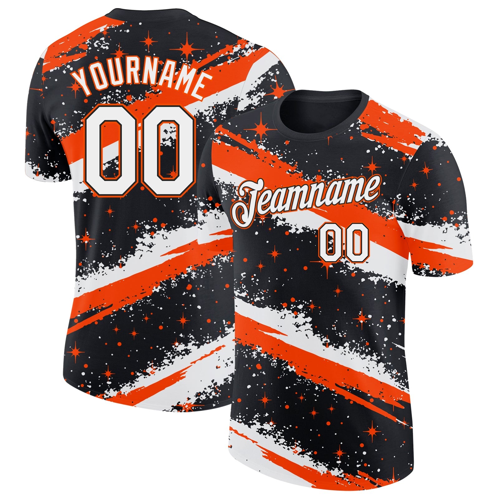 Custom Black White-Orange Brush Stroke Splatter Starburst Performance T-Shirt - Main View