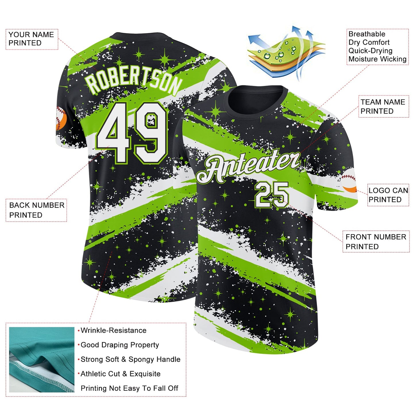 Custom Black White-Neon Green Brush Stroke Splatter Starburst Performance T-Shirt view 2