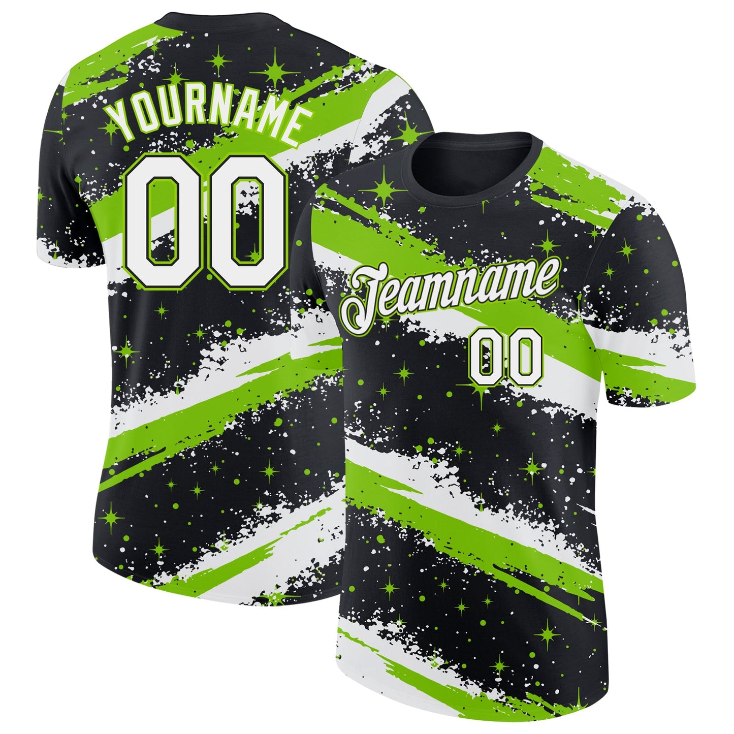 Custom Black White-Neon Green Brush Stroke Splatter Starburst Performance T-Shirt - Main View