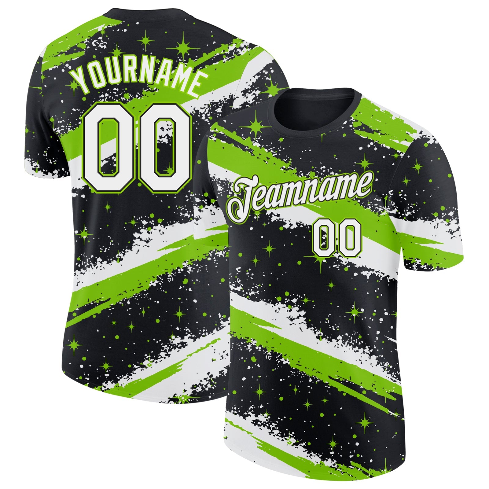 Custom Black White-Neon Green Brush Stroke Splatter Starburst Performance T-Shirt - Main View