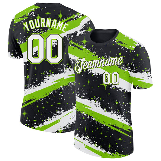 Custom Black White-Neon Green Brush Stroke Splatter Starburst Performance T-Shirt - Main View