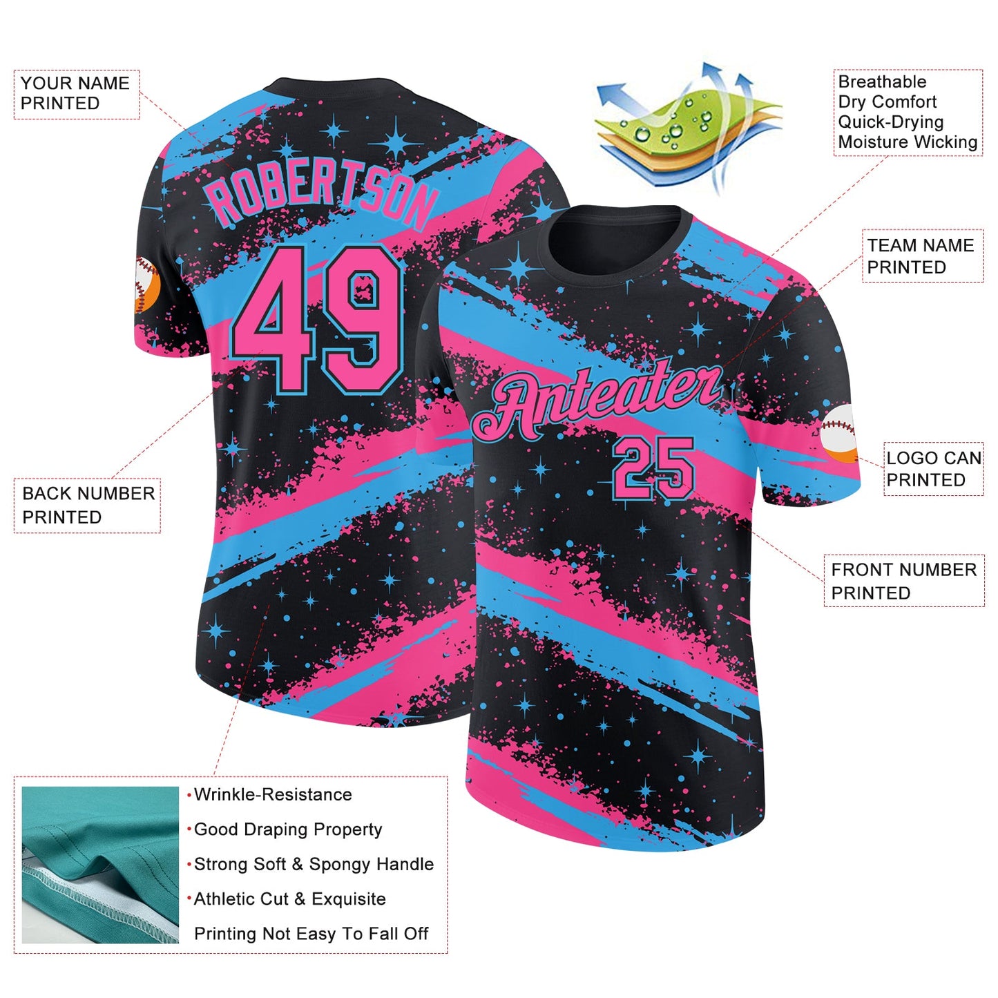 Custom Black Pink-Sky Blue Brush Stroke Splatter Starburst Performance T-Shirt view 2