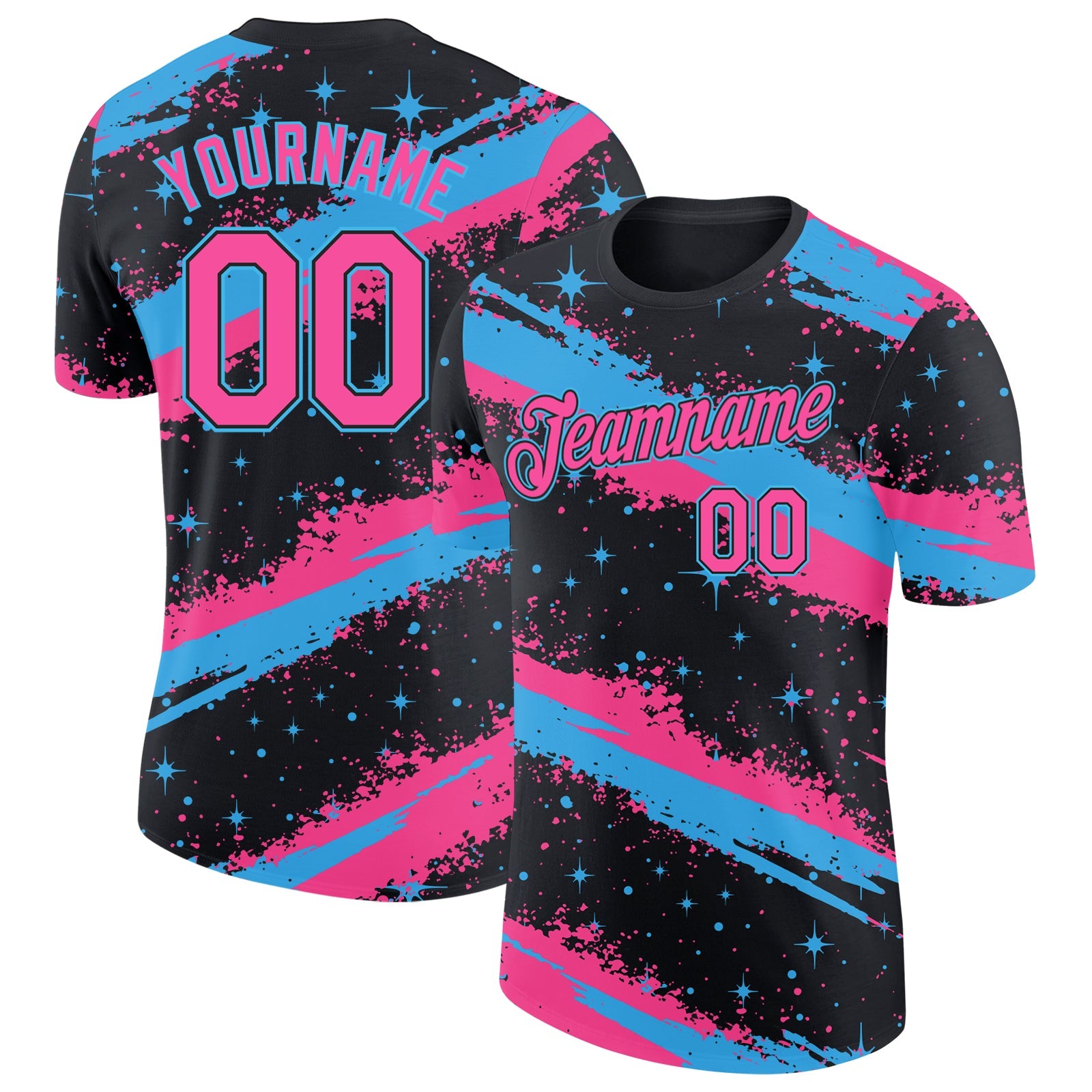 Custom Black Pink-Sky Blue Brush Stroke Splatter Starburst Performance T-Shirt - Main View