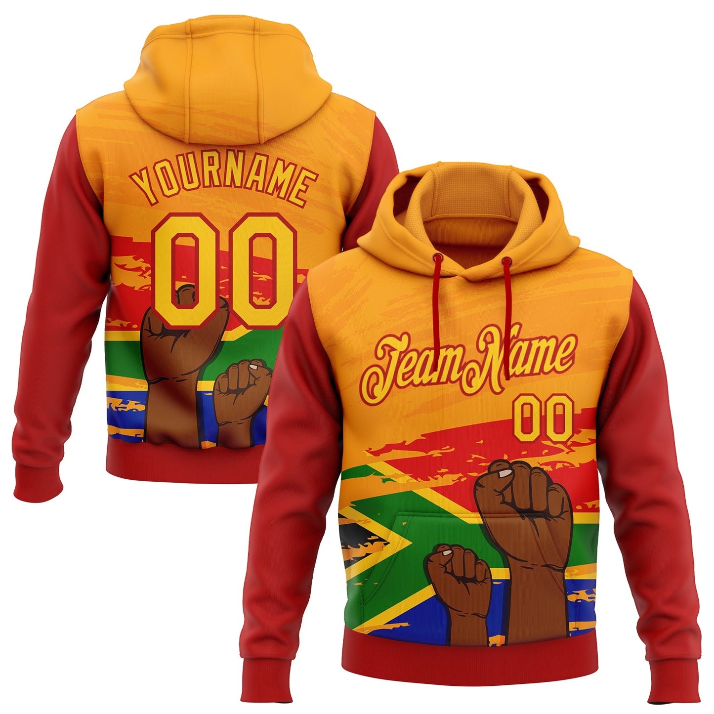 Custom Stitched Yellow-Red 3D Pattern Design Black History Month Sports Pullover Sweatshirt Hoodie - Main View