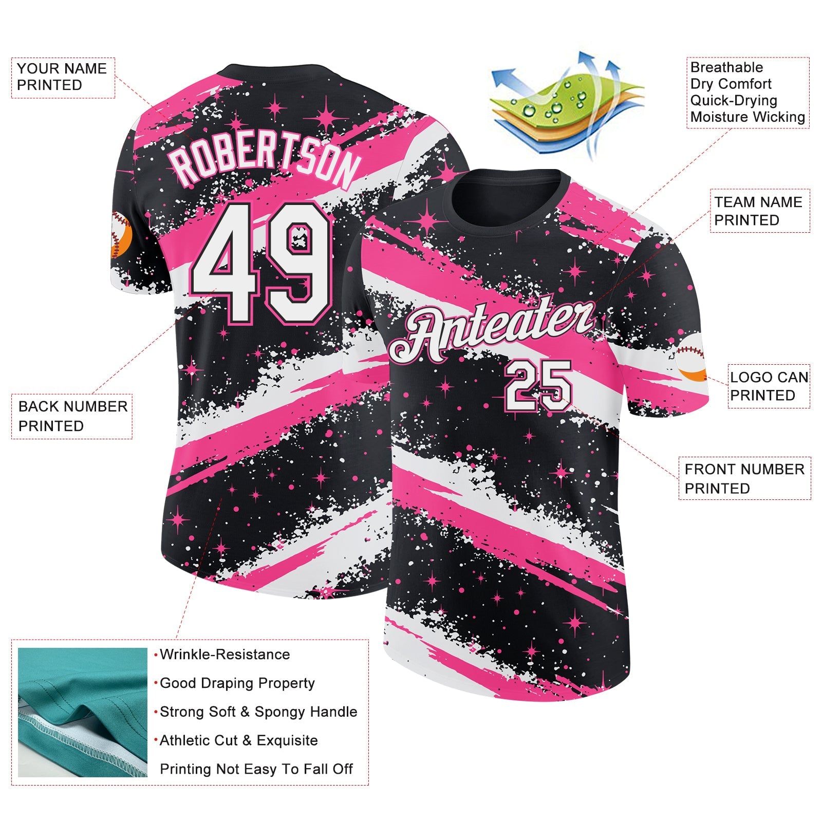 Custom Black White-Pink Brush Stroke Splatter Starburst Performance T-Shirt view 2