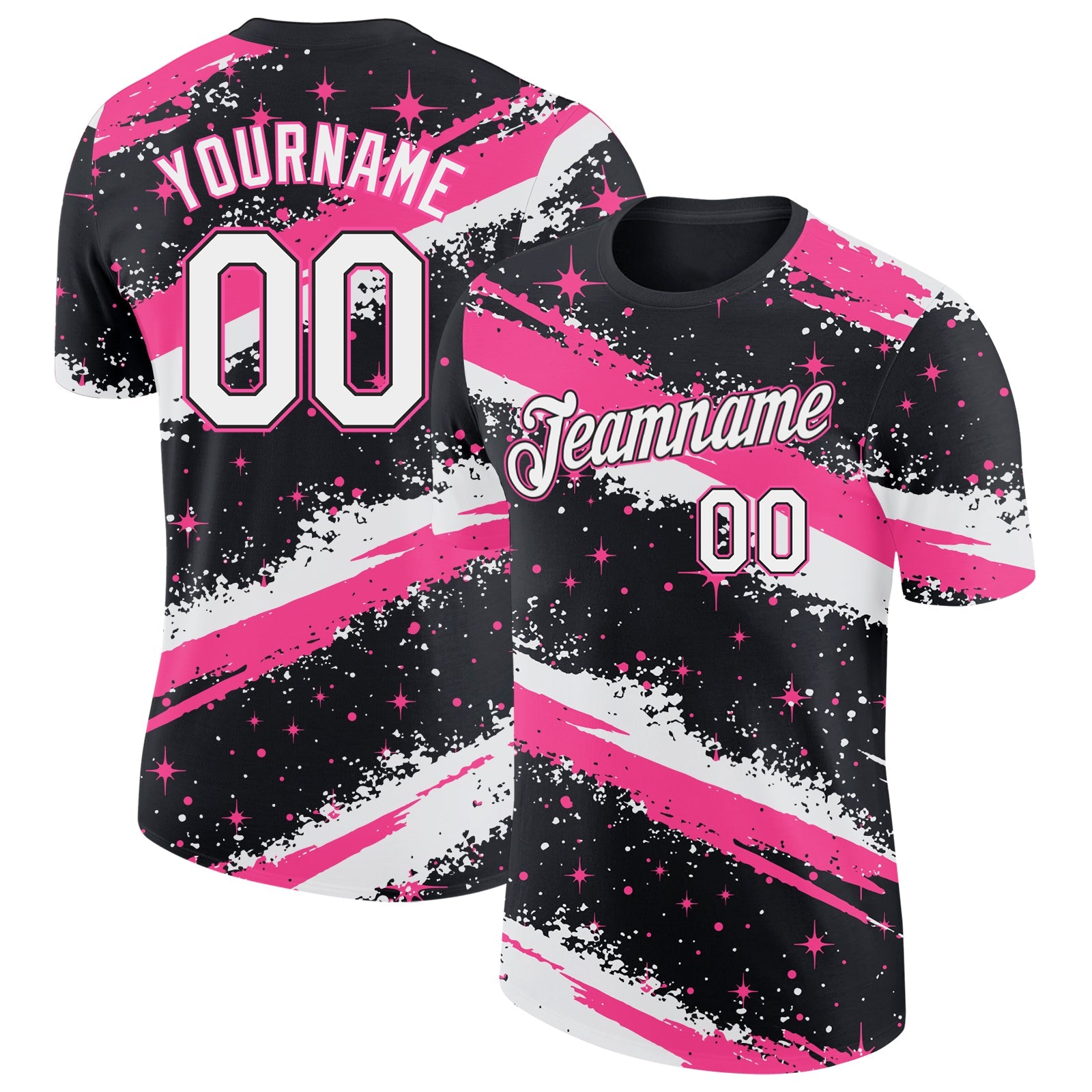 Custom Black White-Pink Brush Stroke Splatter Starburst Performance T-Shirt - Main View