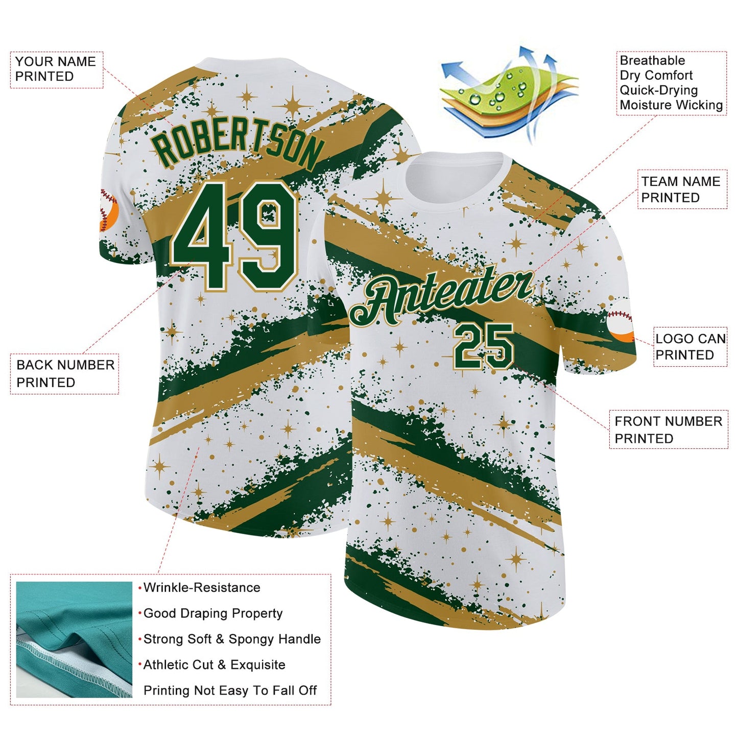 Custom White Green-Old Gold Brush Stroke Splatter Starburst Performance T-Shirt view 2