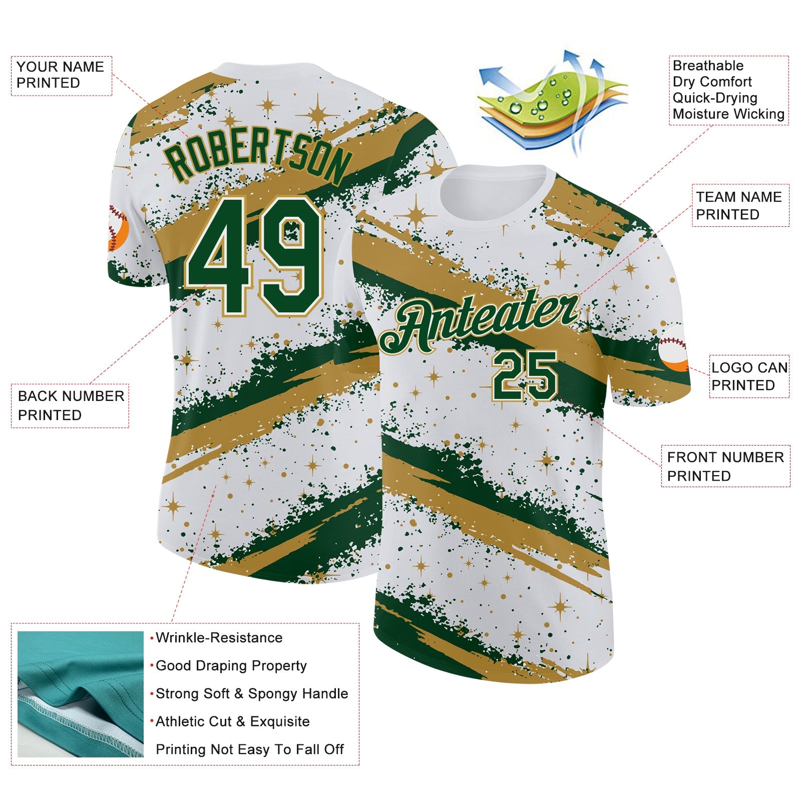 Custom White Green-Old Gold Brush Stroke Splatter Starburst Performance T-Shirt view 2