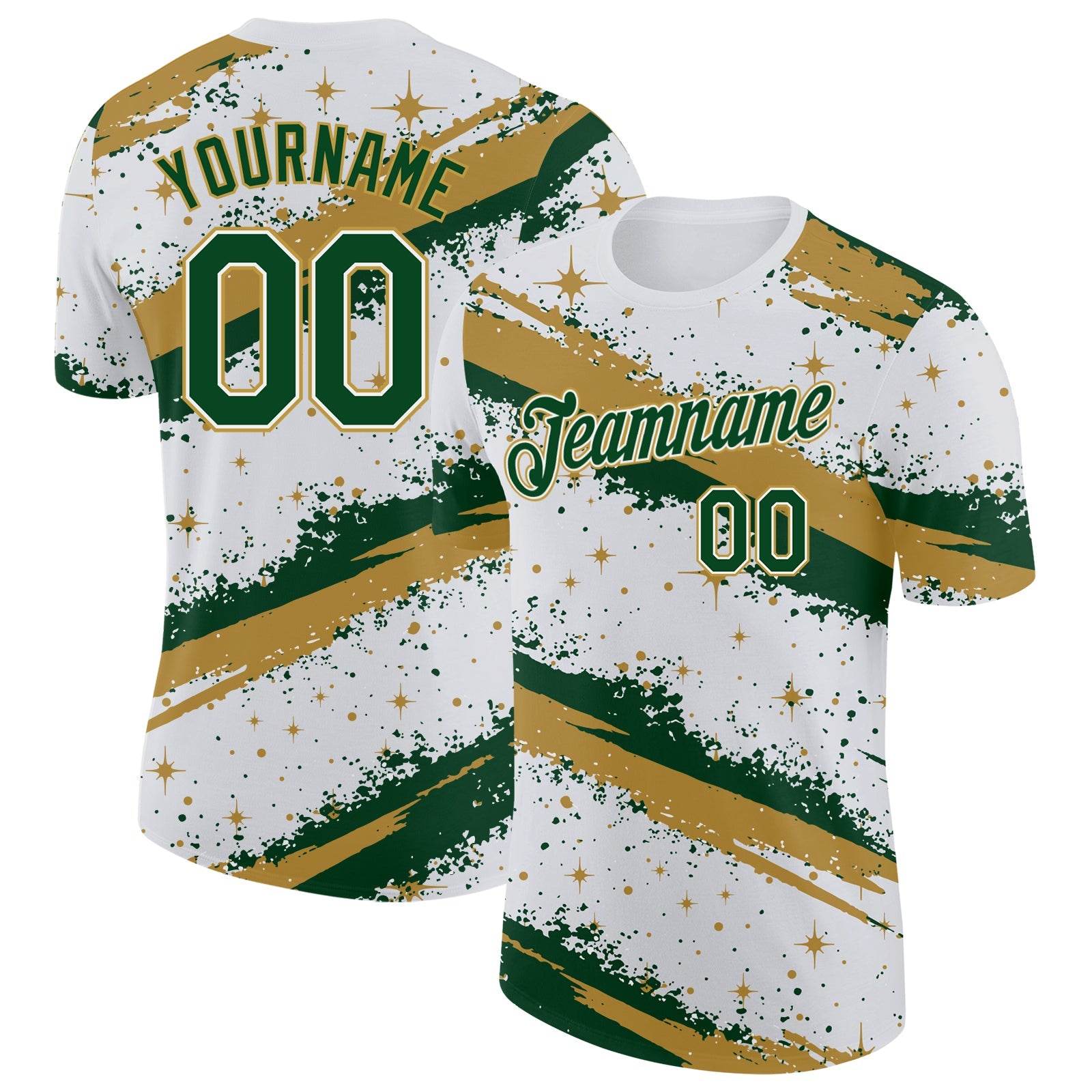 Custom White Green-Old Gold Brush Stroke Splatter Starburst Performance T-Shirt - Main View