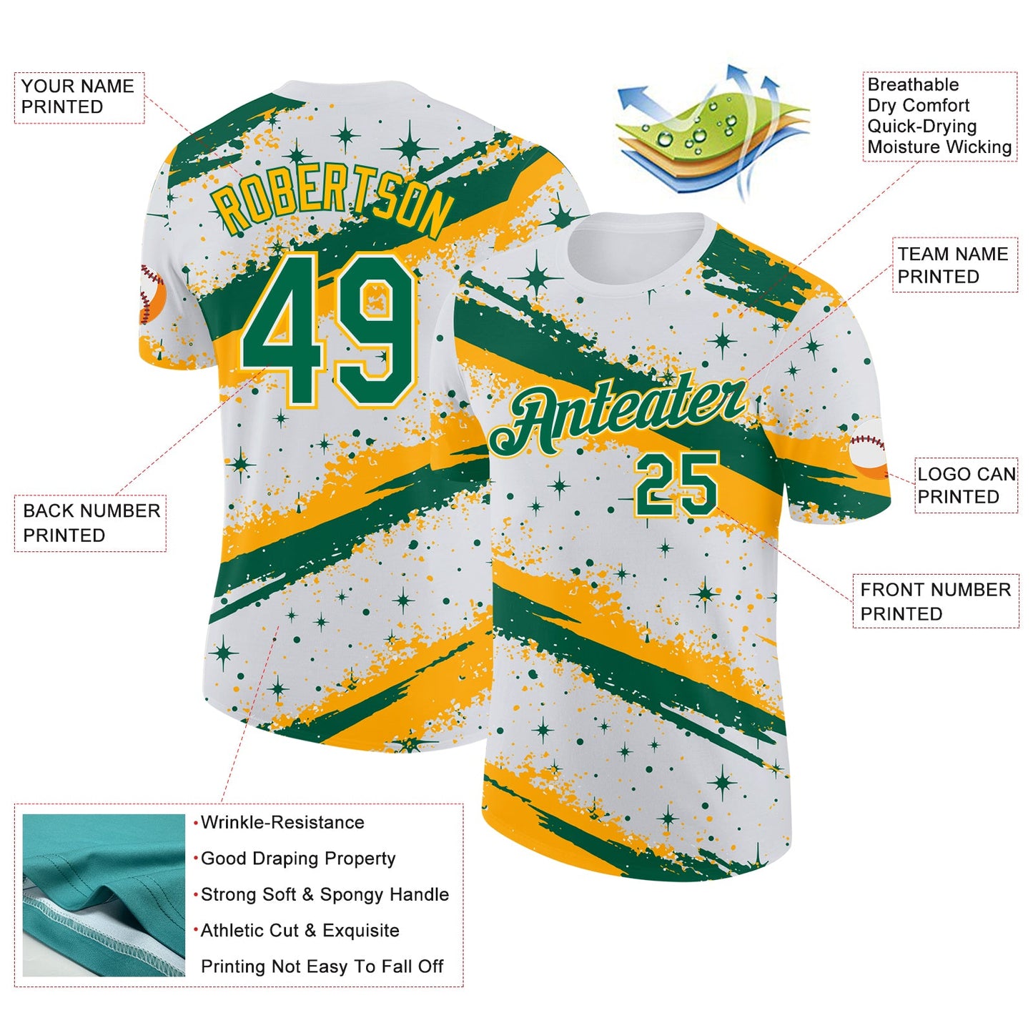 Custom White Kelly Green-Gold Brush Stroke Splatter Starburst Performance T-Shirt view 2