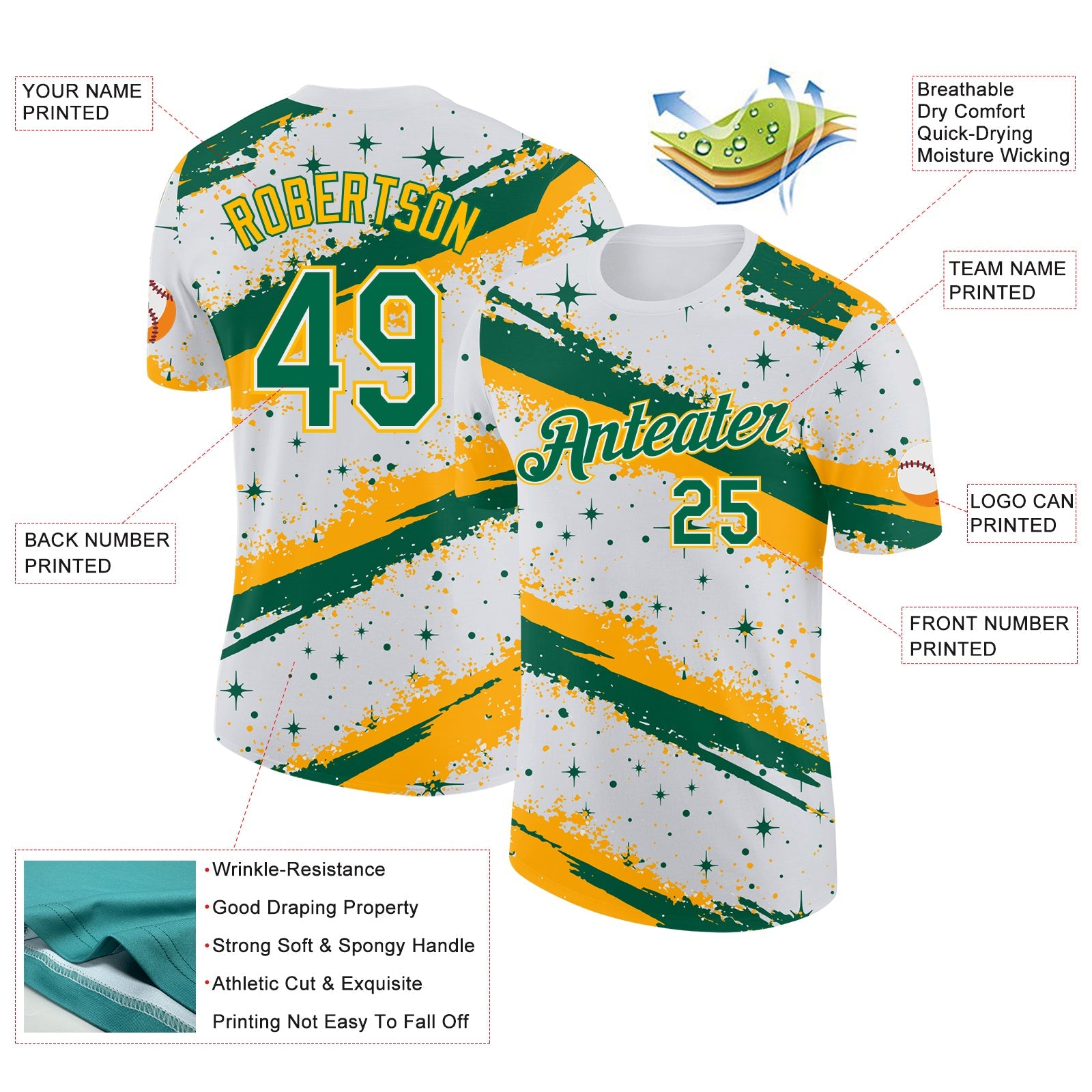 Custom White Kelly Green-Gold Brush Stroke Splatter Starburst Performance T-Shirt view 2
