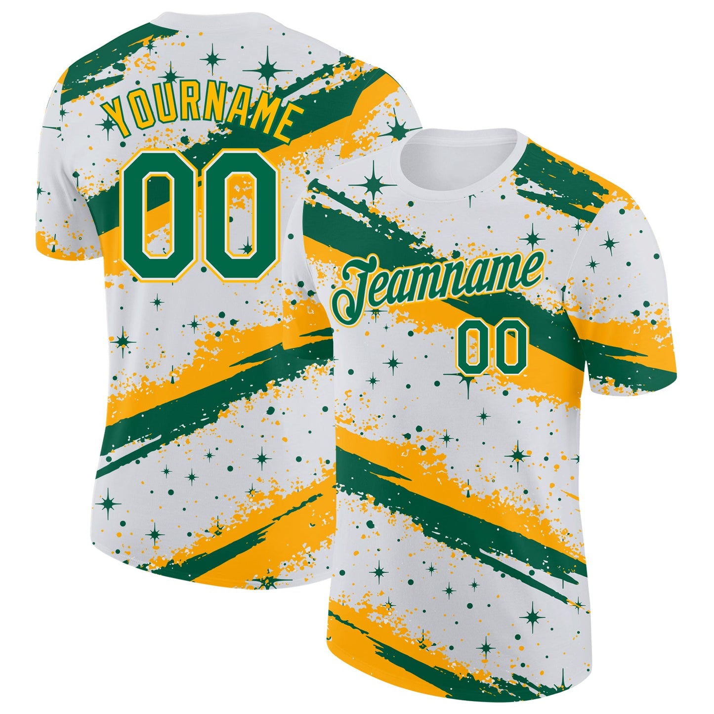 Custom White Kelly Green-Gold Brush Stroke Splatter Starburst Performance T-Shirt - Main View