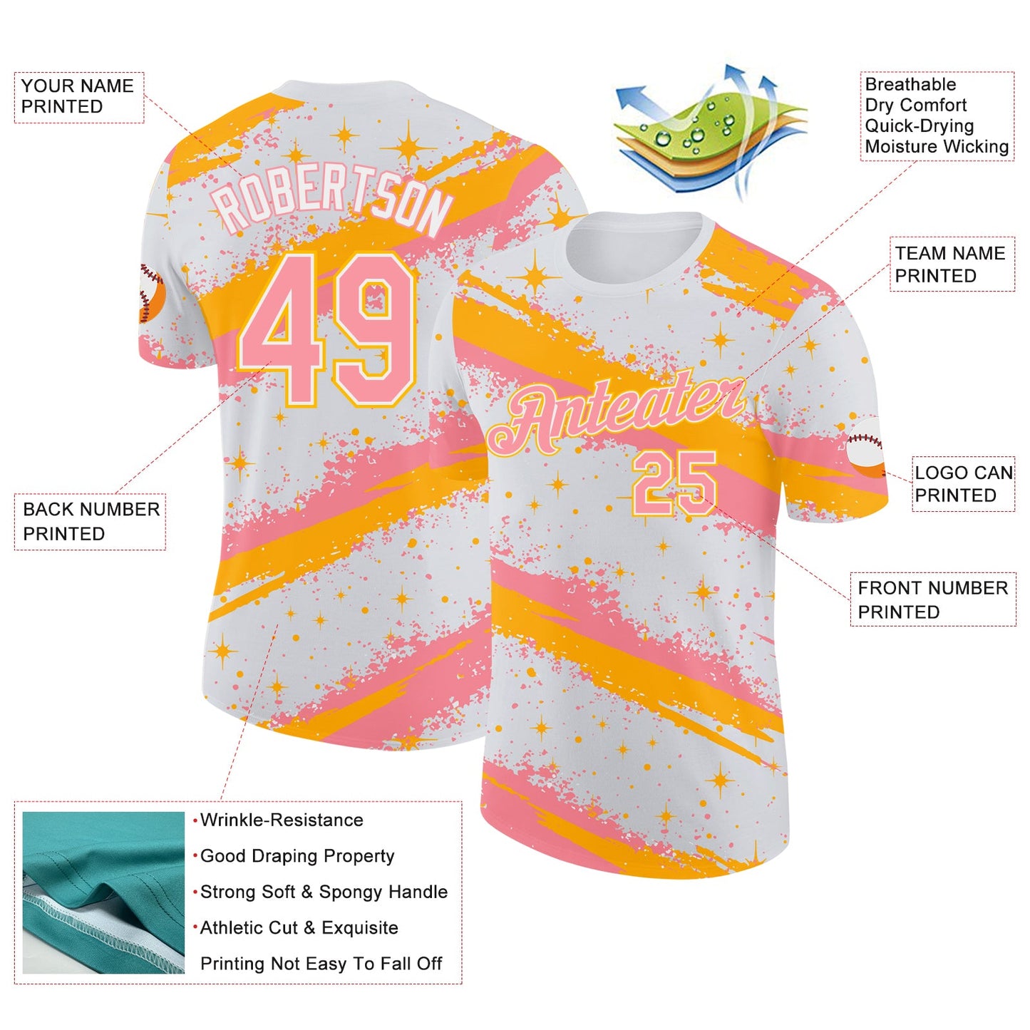 Custom White Medium Pink-Gold Brush Stroke Splatter Starburst Performance T-Shirt view 2