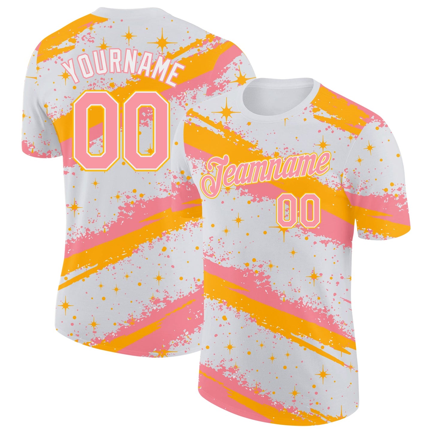 Custom White Medium Pink-Gold Brush Stroke Splatter Starburst Performance T-Shirt - Main View
