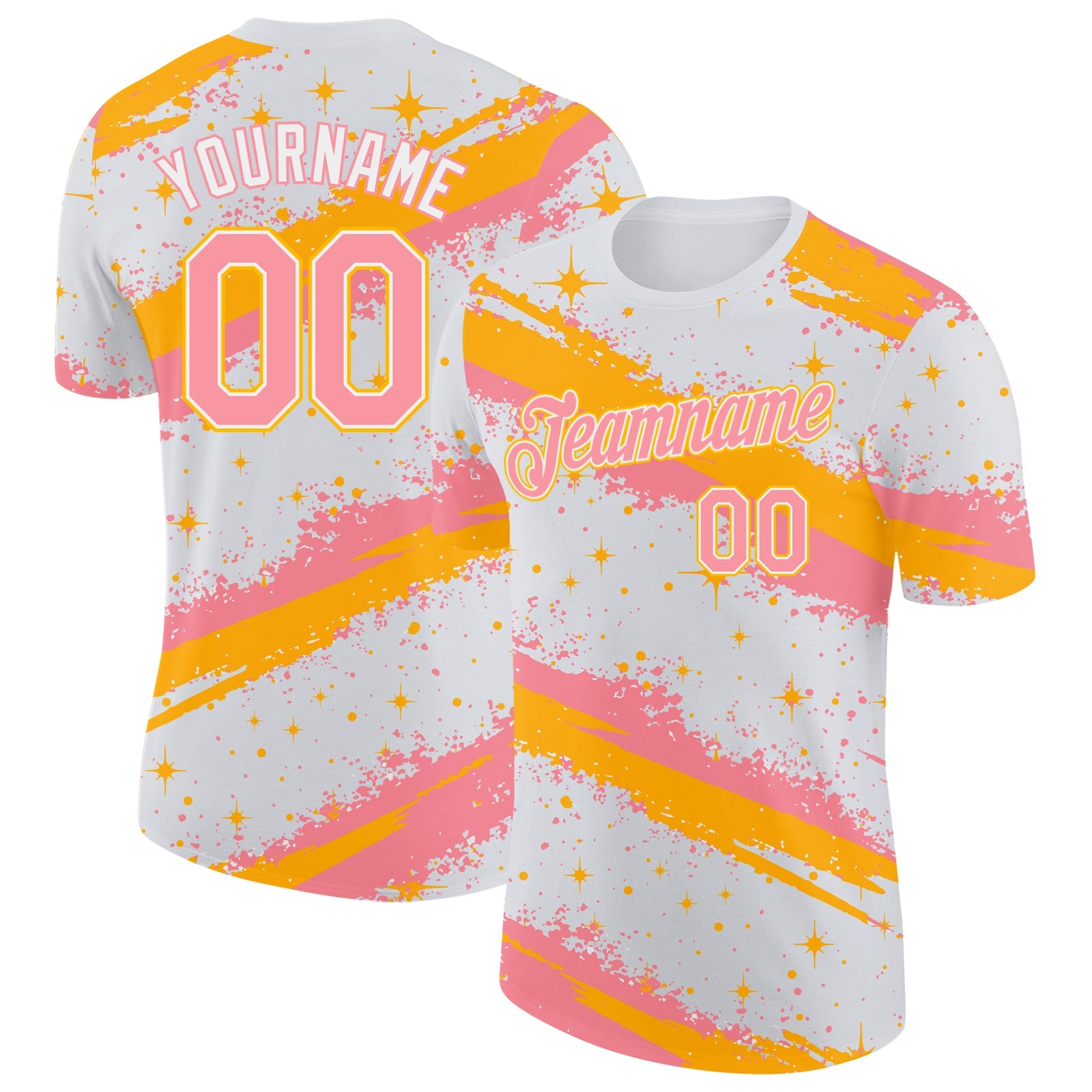 Custom White Medium Pink-Gold Brush Stroke Splatter Starburst Performance T-Shirt - Main View