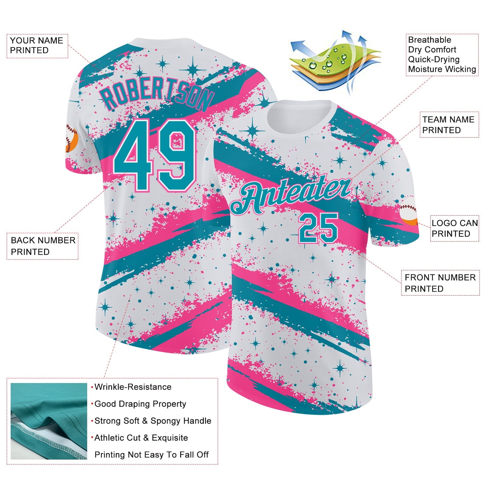 Custom White Teal-Pink Brush Stroke Splatter Starburst Performance T-Shirt view 2