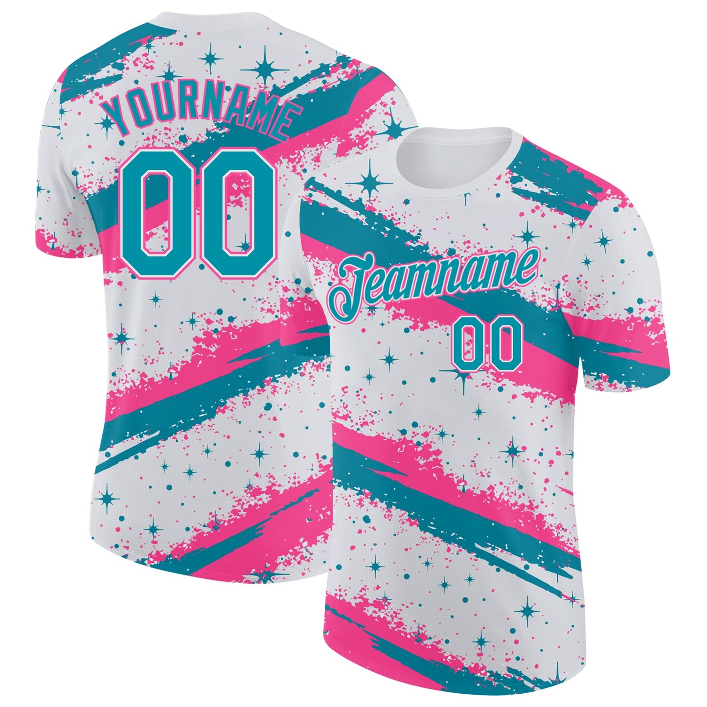 Custom White Teal-Pink Brush Stroke Splatter Starburst Performance T-Shirt - Main View