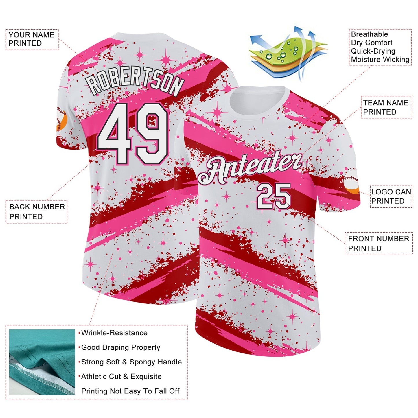 Custom White Pink Red-Black Brush Stroke Splatter Starburst Performance T-Shirt view 2