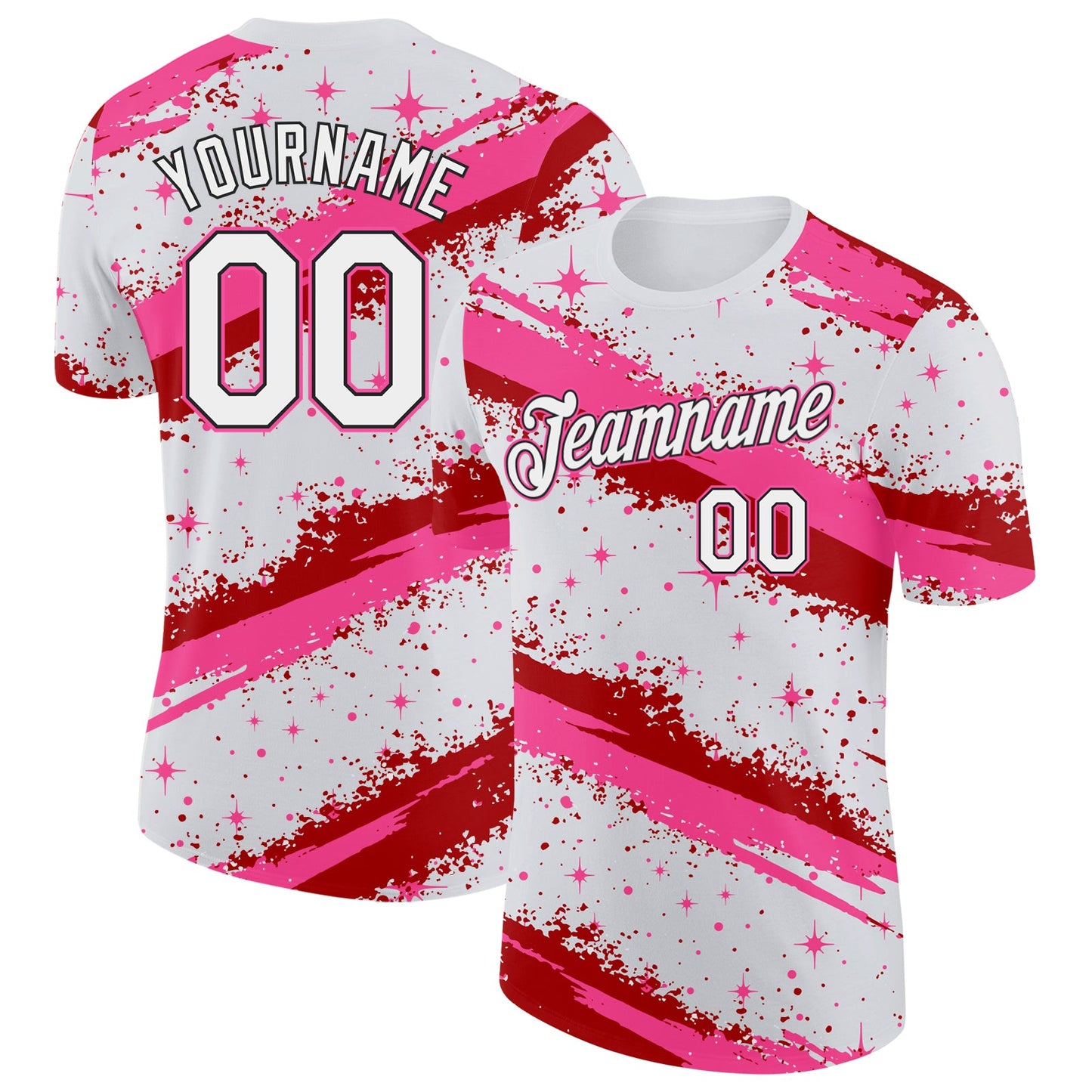 Custom White Pink Red-Black Brush Stroke Splatter Starburst Performance T-Shirt - Main View