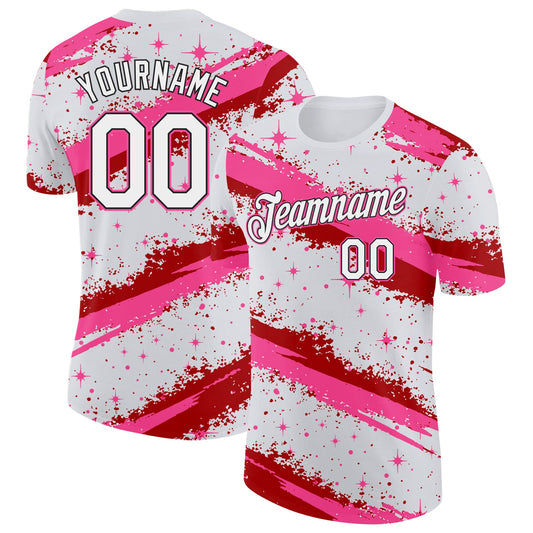 Custom White Pink Red-Black Brush Stroke Splatter Starburst Performance T-Shirt - Main View