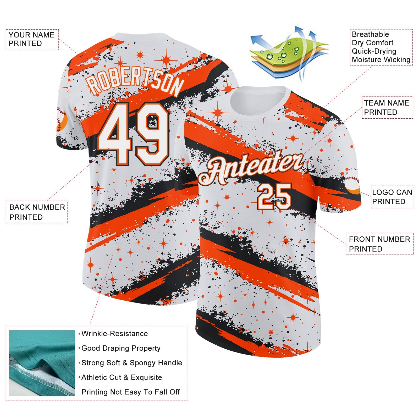 Custom White Orange-Black Brush Stroke Splatter Starburst Performance T-Shirt view 2