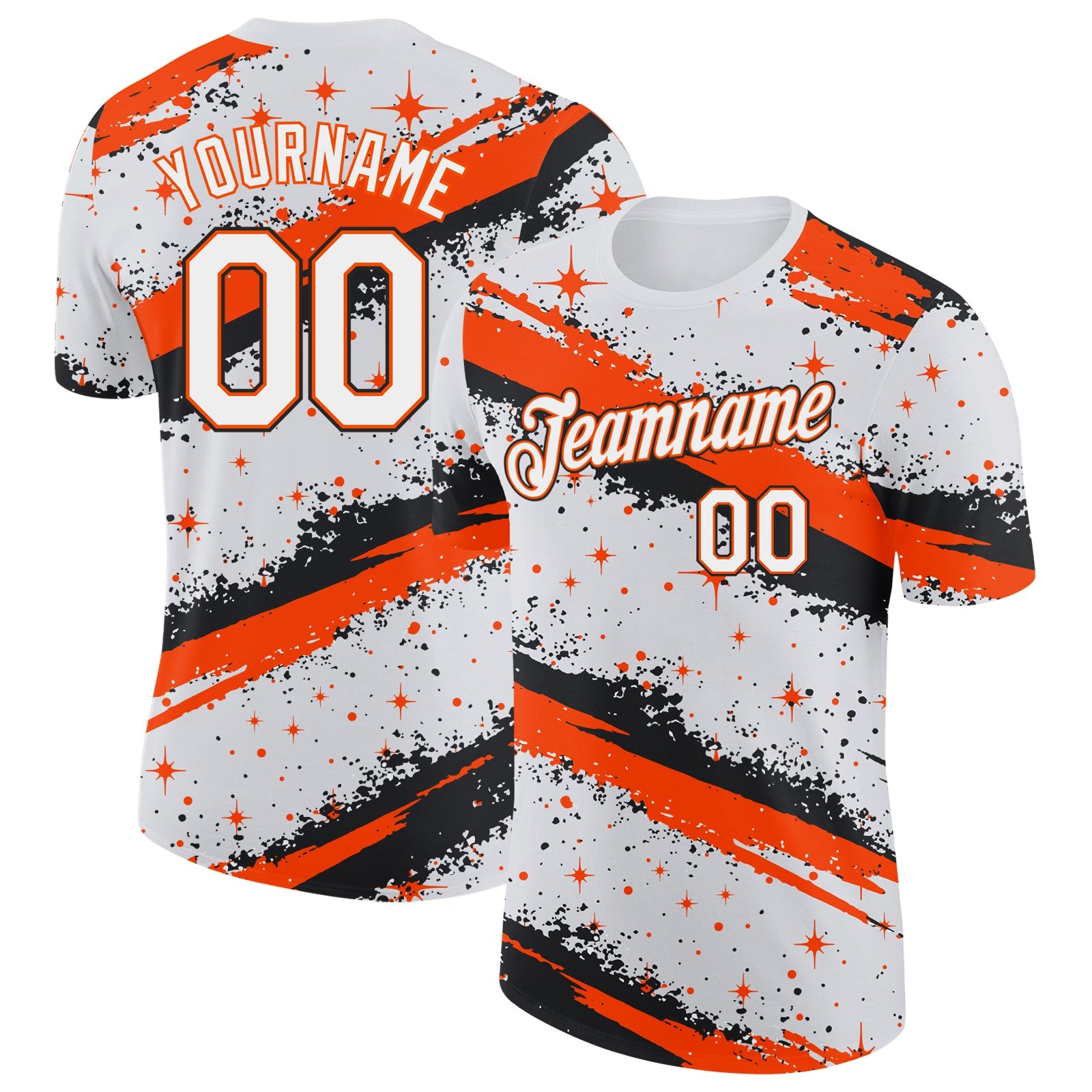 Custom White Orange-Black Brush Stroke Splatter Starburst Performance T-Shirt - Main View