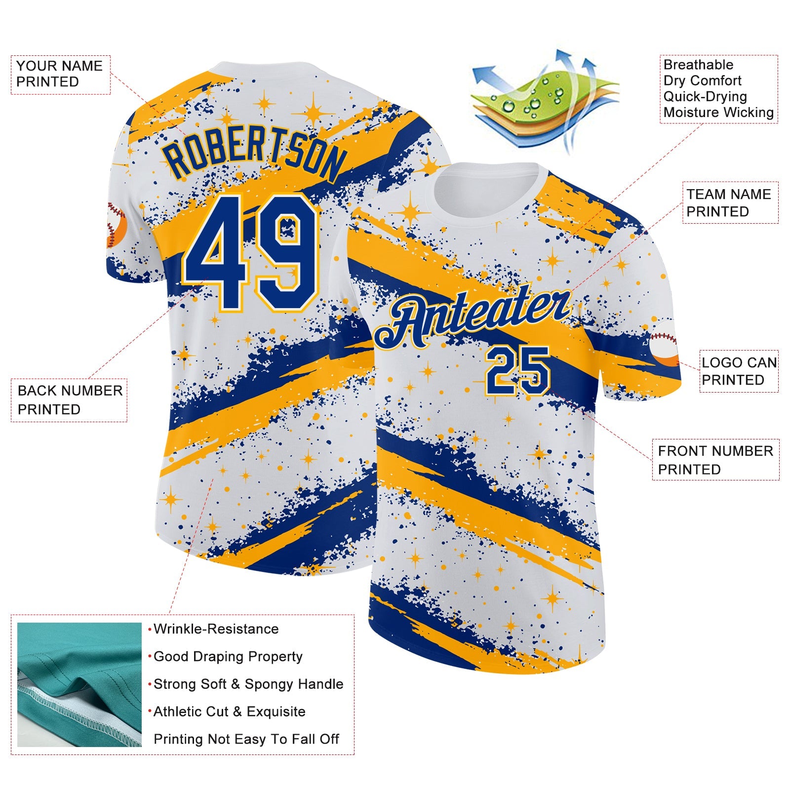 Custom White Royal-Gold Brush Stroke Splatter Starburst Performance T-Shirt view 2