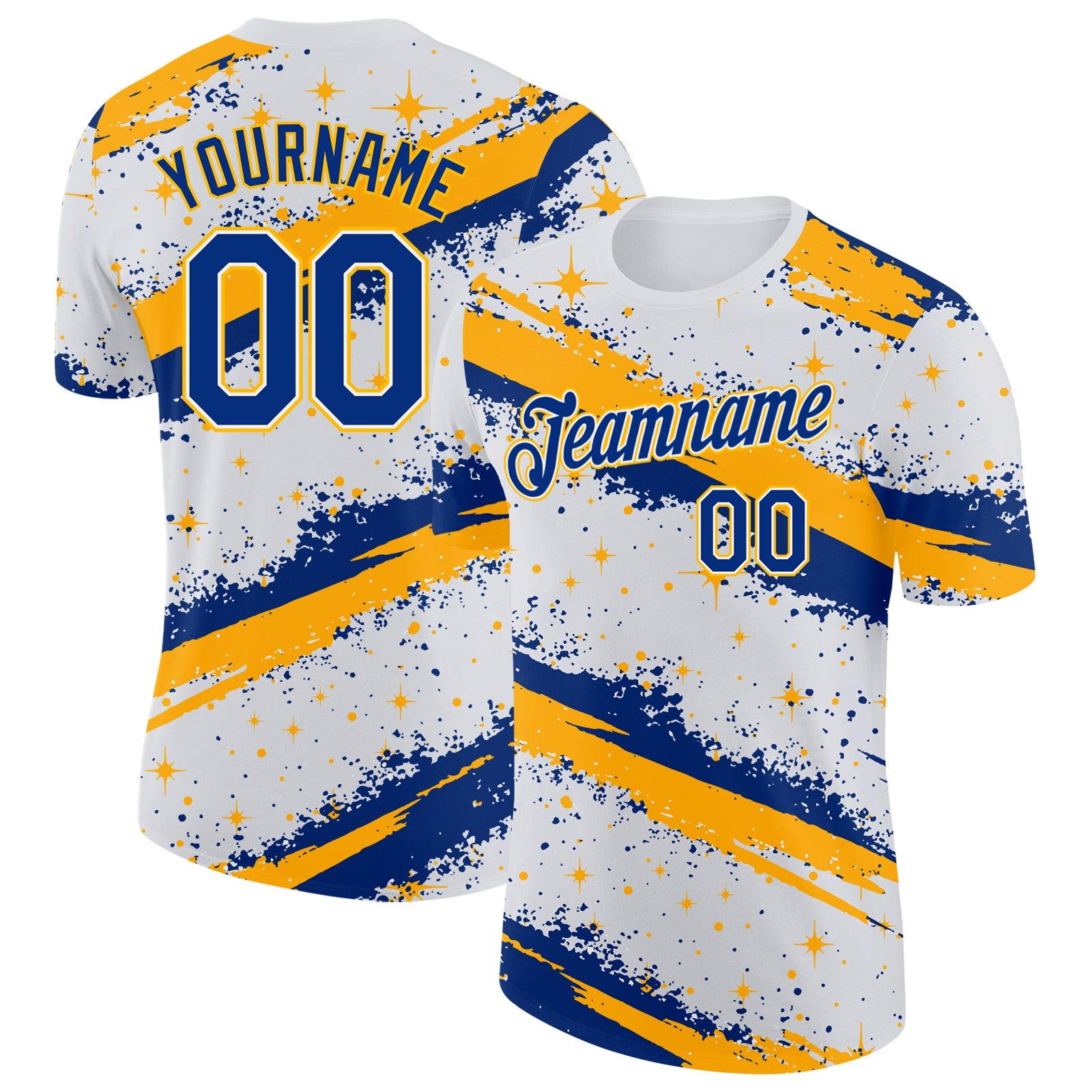 Custom White Royal-Gold Brush Stroke Splatter Starburst Performance T-Shirt - Main View