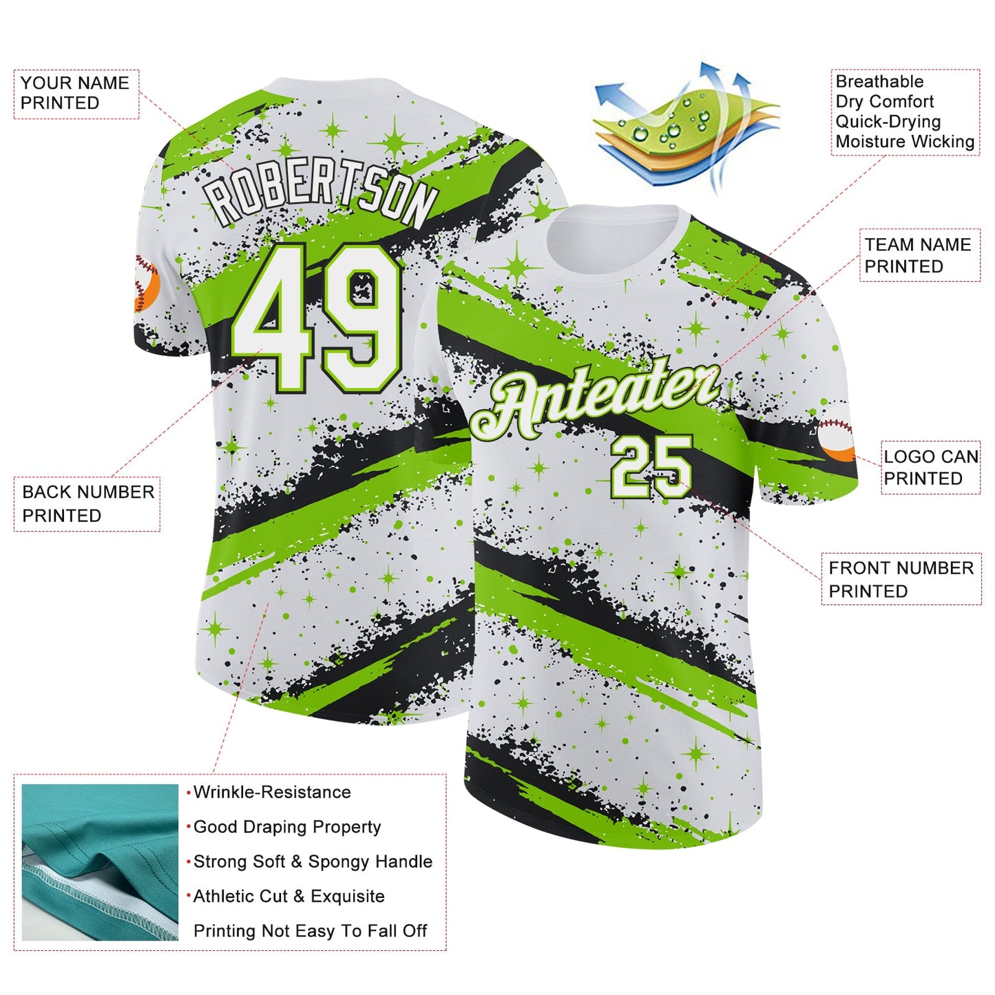 Custom White Neon Green-Black Brush Stroke Splatter Starburst Performance T-Shirt view 2