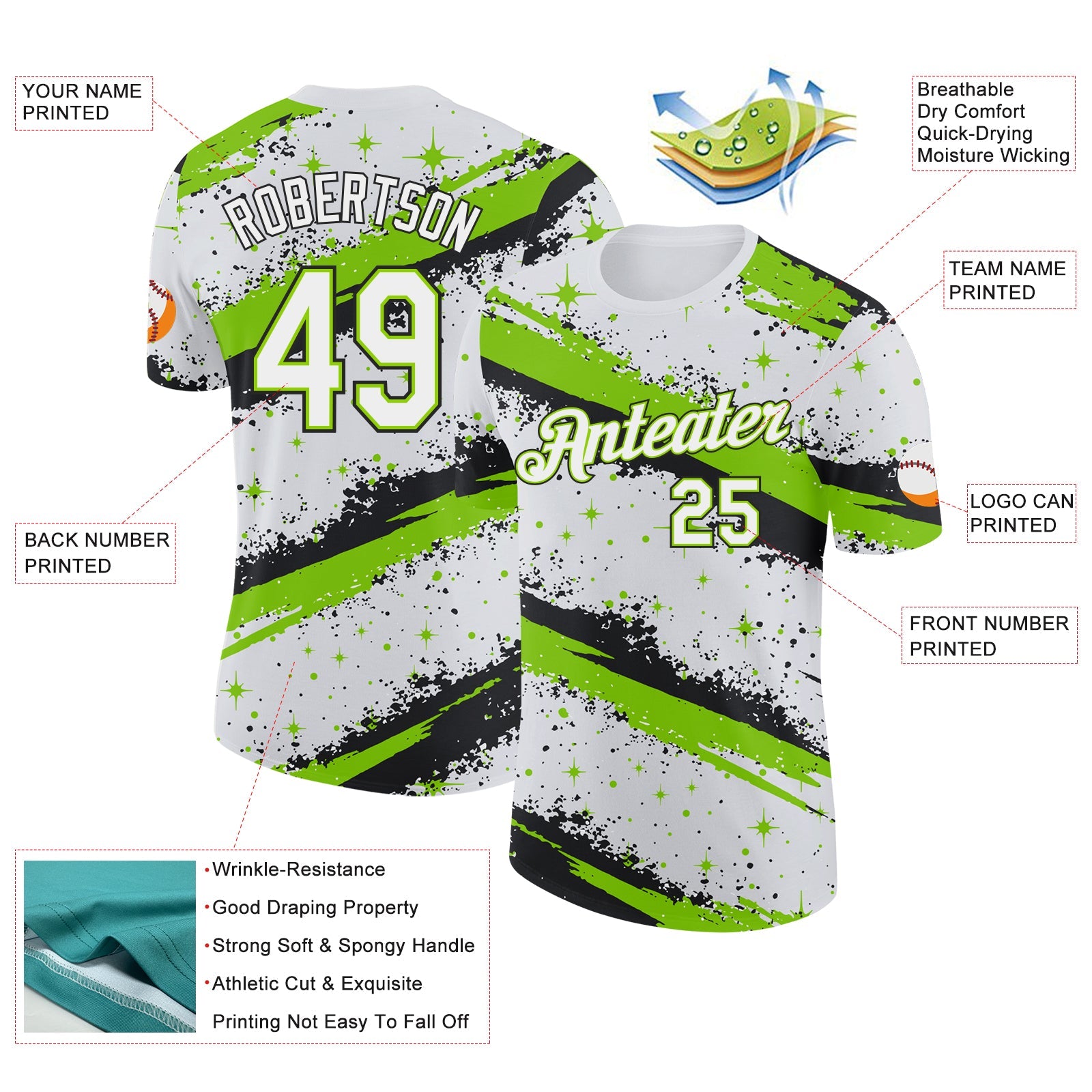 Custom White Neon Green-Black Brush Stroke Splatter Starburst Performance T-Shirt view 2