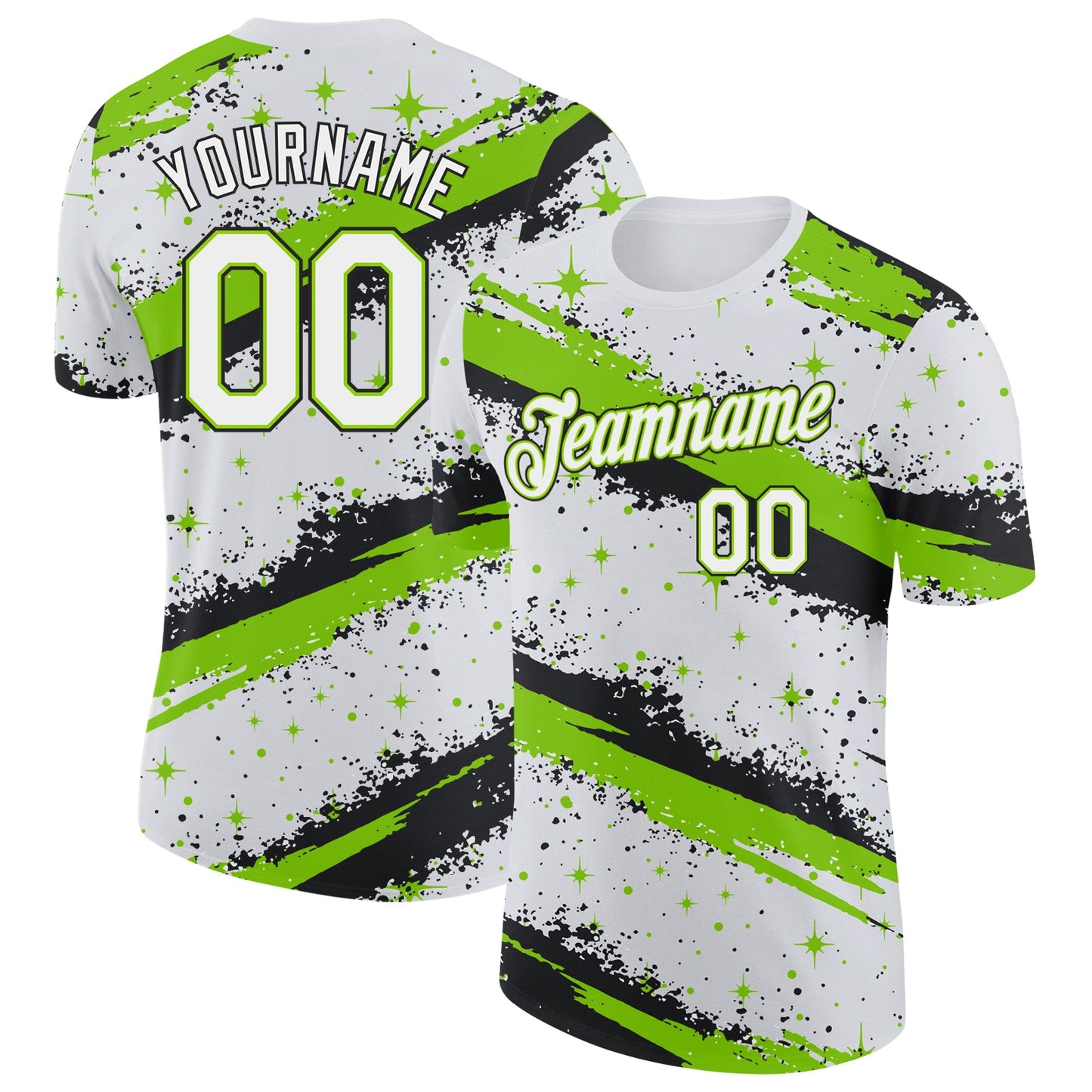 Custom White Neon Green-Black Brush Stroke Splatter Starburst Performance T-Shirt - Main View