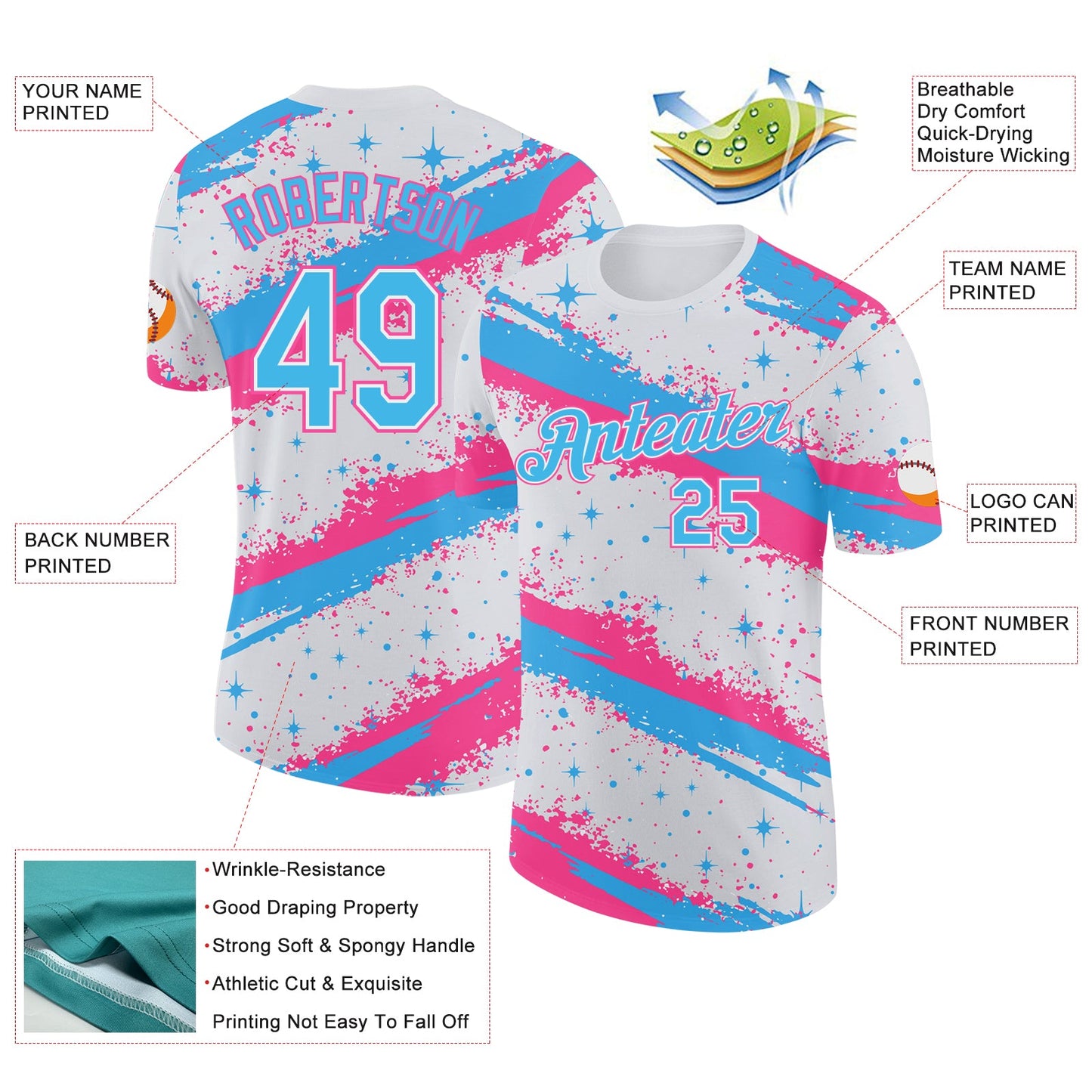 Custom White Sky Blue-Pink Brush Stroke Splatter Starburst Performance T-Shirt view 2