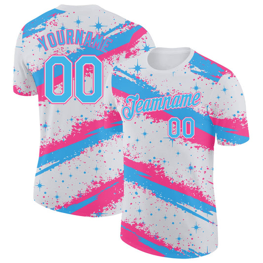 Custom White Sky Blue-Pink Brush Stroke Splatter Starburst Performance T-Shirt - Main View