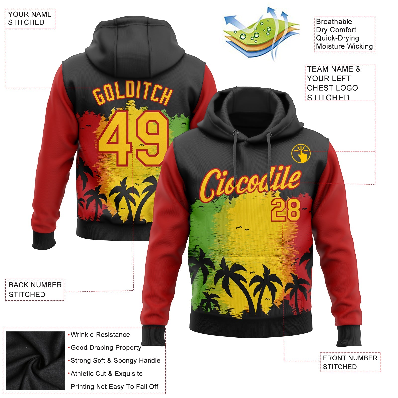 Custom Stitched Black Yellow-Red 3D Pattern Design Black History Month Hawaii Palm Trees Sports Pullover Sweatshirt Hoodie view 2