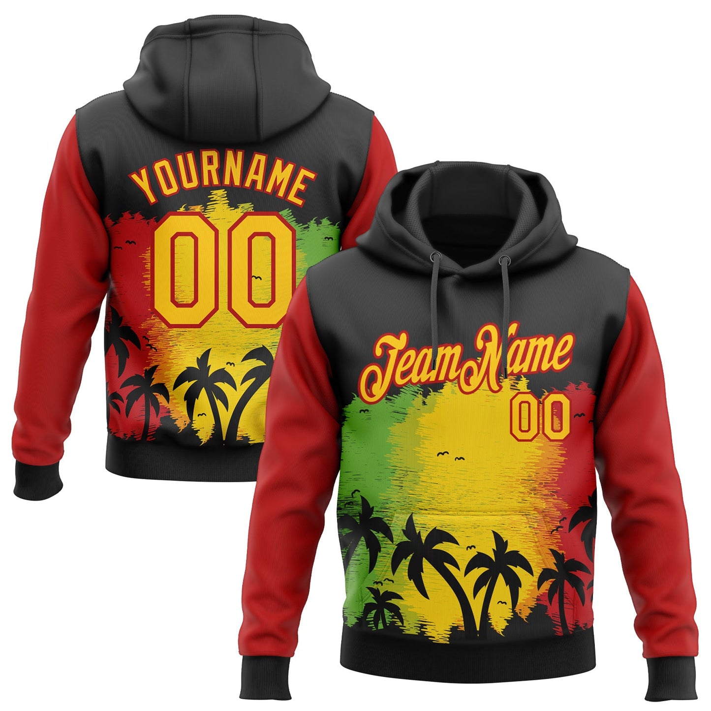 Custom Stitched Black Yellow-Red 3D Pattern Design Black History Month Hawaii Palm Trees Sports Pullover Sweatshirt Hoodie - Main View