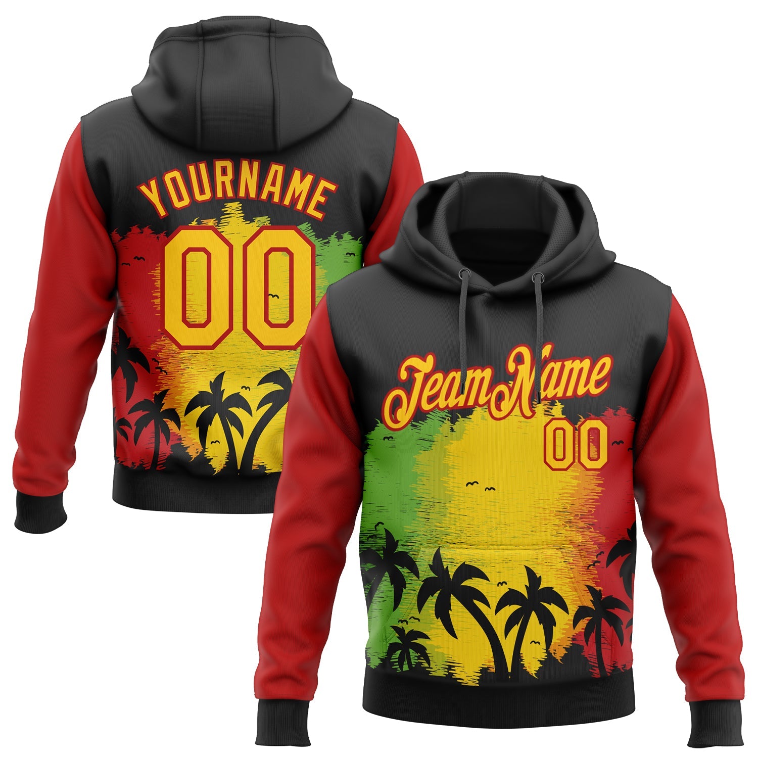 Custom Stitched Black Yellow-Red 3D Pattern Design Black History Month Hawaii Palm Trees Sports Pullover Sweatshirt Hoodie - Main View