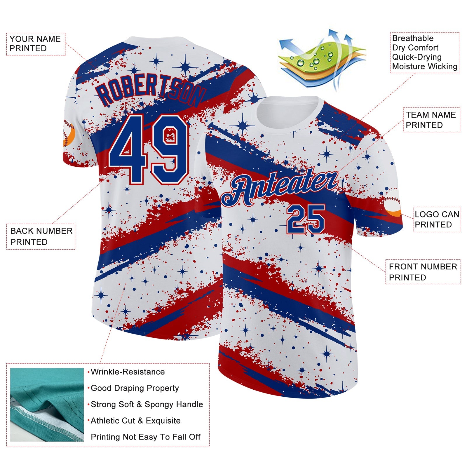 Custom White Royal-Red Brush Stroke Splatter Starburst Performance T-Shirt view 2