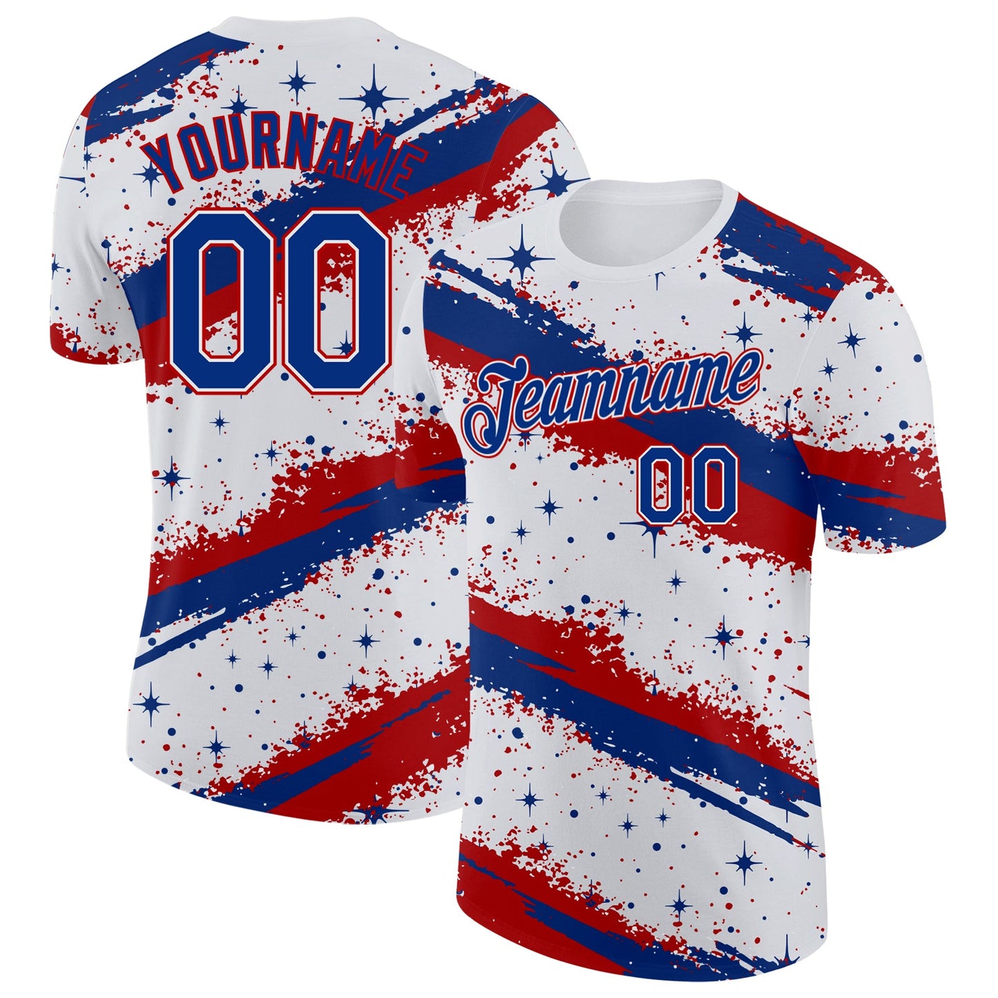 Custom White Royal-Red Brush Stroke Splatter Starburst Performance T-Shirt - Main View