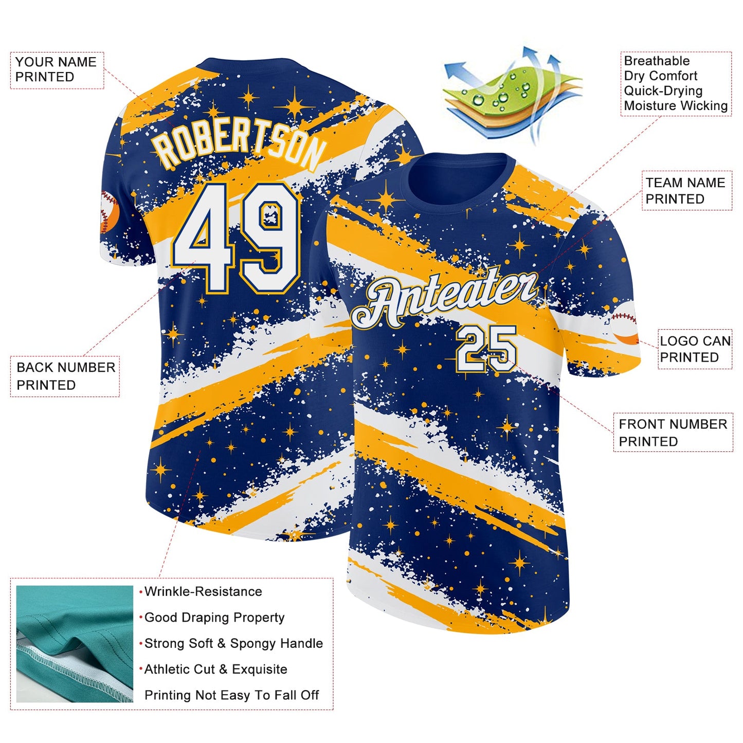Custom Royal White-Gold Brush Stroke Splatter Starburst Performance T-Shirt view 2