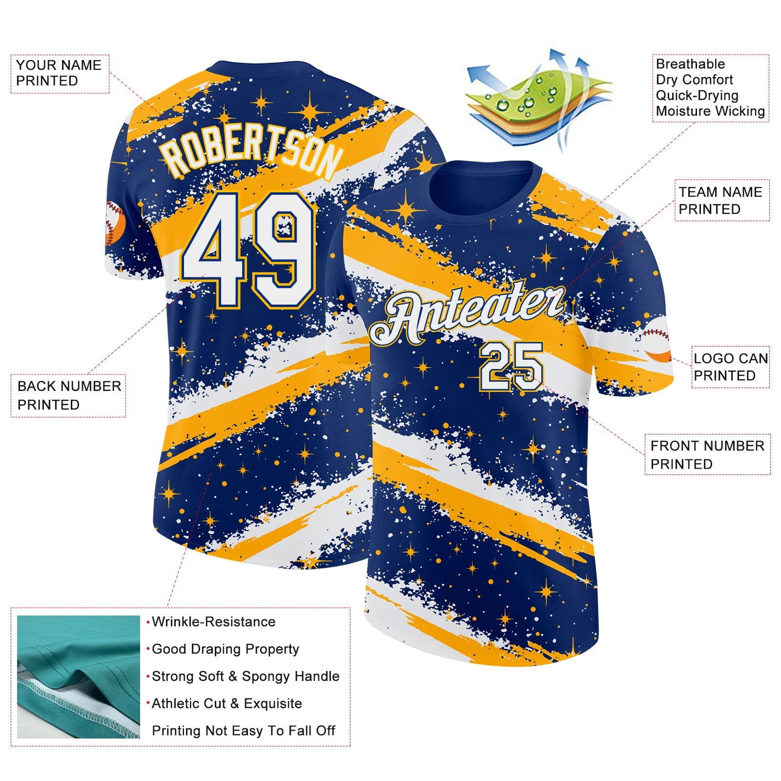 Custom Royal White-Gold Brush Stroke Splatter Starburst Performance T-Shirt view 2