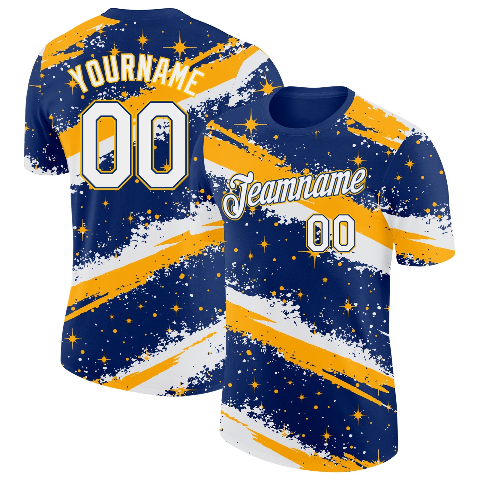 Custom Royal White-Gold Brush Stroke Splatter Starburst Performance T-Shirt - Main View