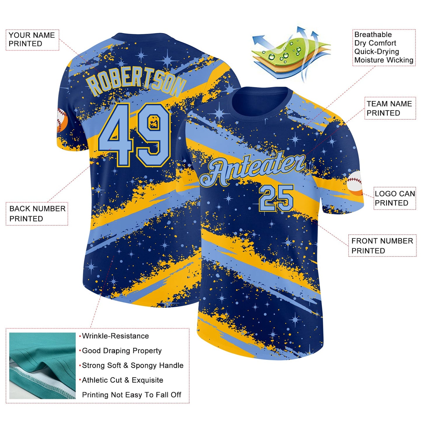 Custom Royal Light Blue-Yellow Brush Stroke Splatter Starburst Performance T-Shirt view 2