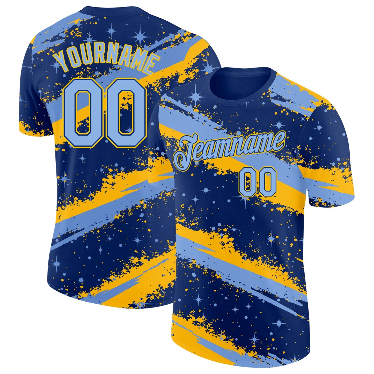 Custom Royal Light Blue-Yellow Brush Stroke Splatter Starburst Performance T-Shirt - Main View