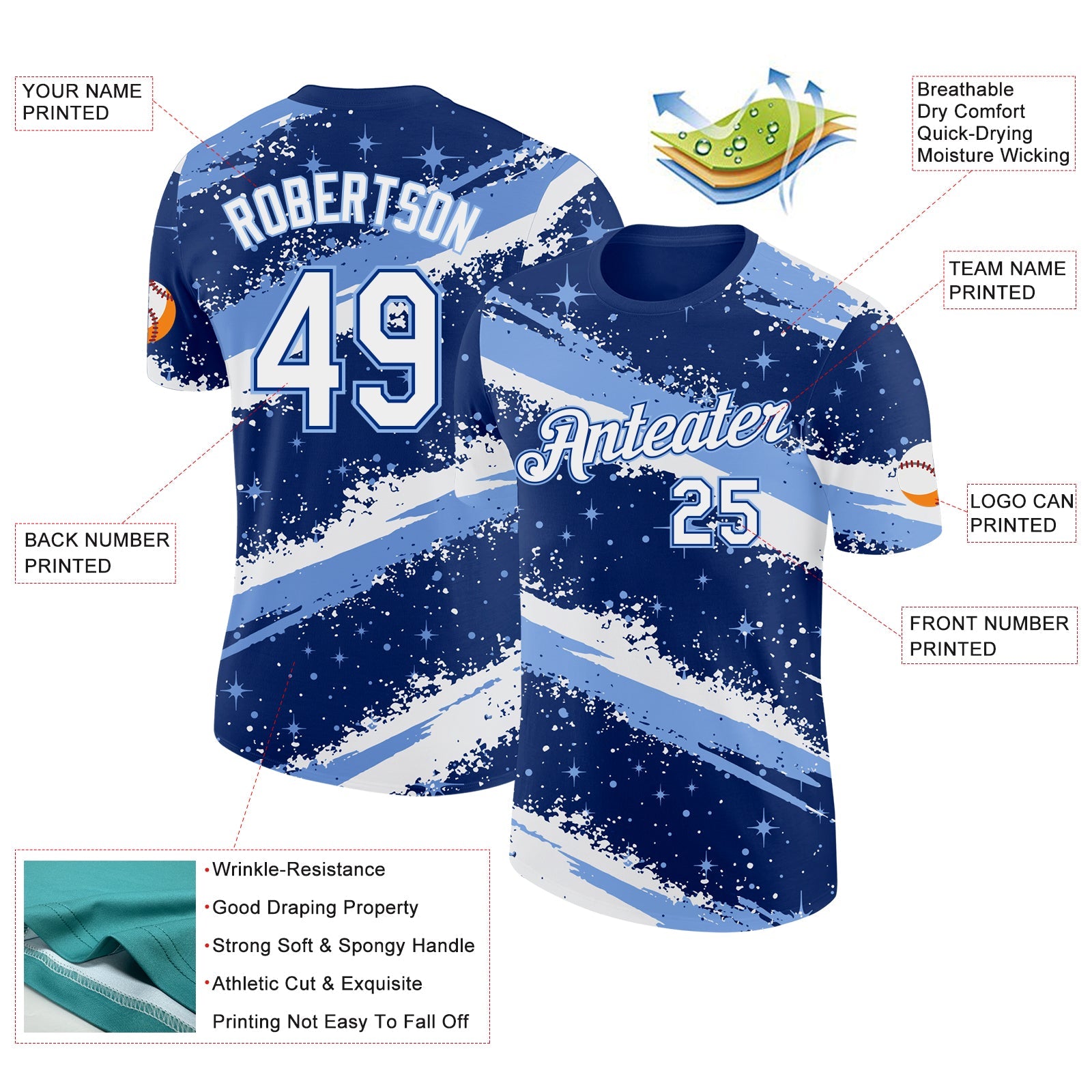 Custom Royal White-Light Blue Brush Stroke Splatter Starburst Performance T-Shirt view 2