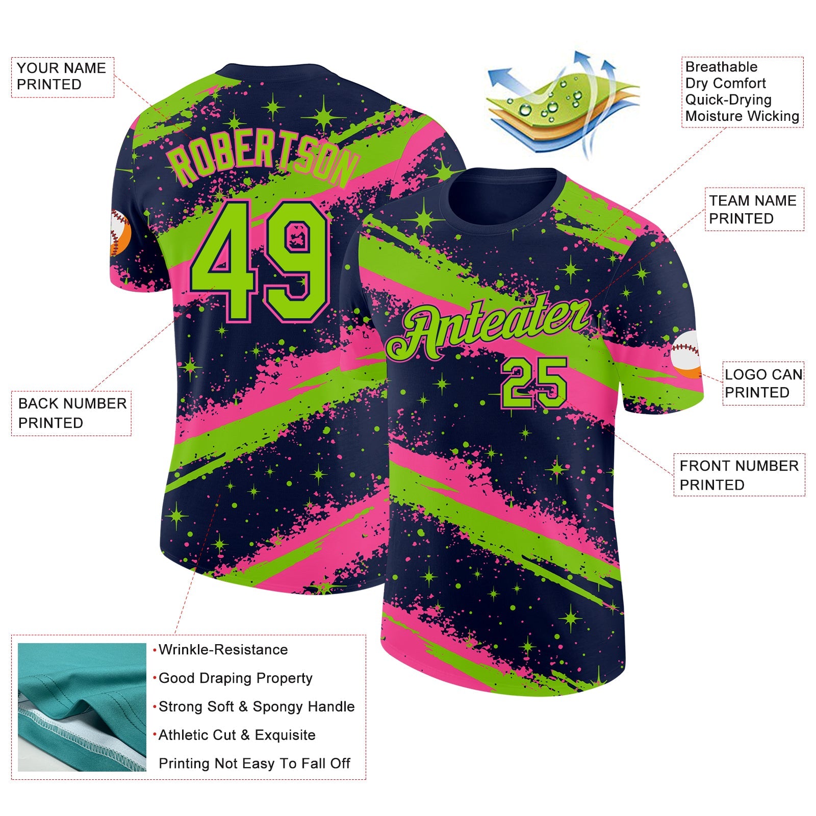 Custom Navy Neon Green-Pink Brush Stroke Splatter Starburst Performance T-Shirt view 2