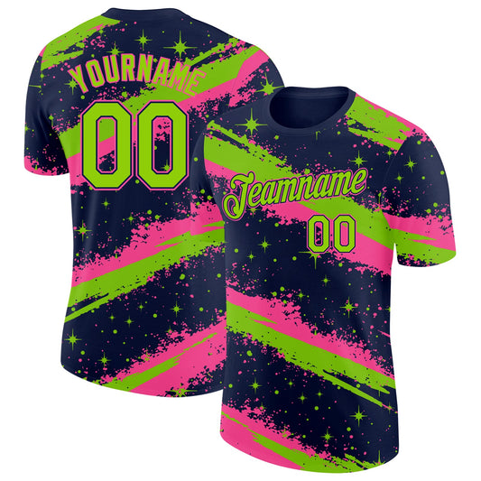 Custom Navy Neon Green-Pink Brush Stroke Splatter Starburst Performance T-Shirt - Main View