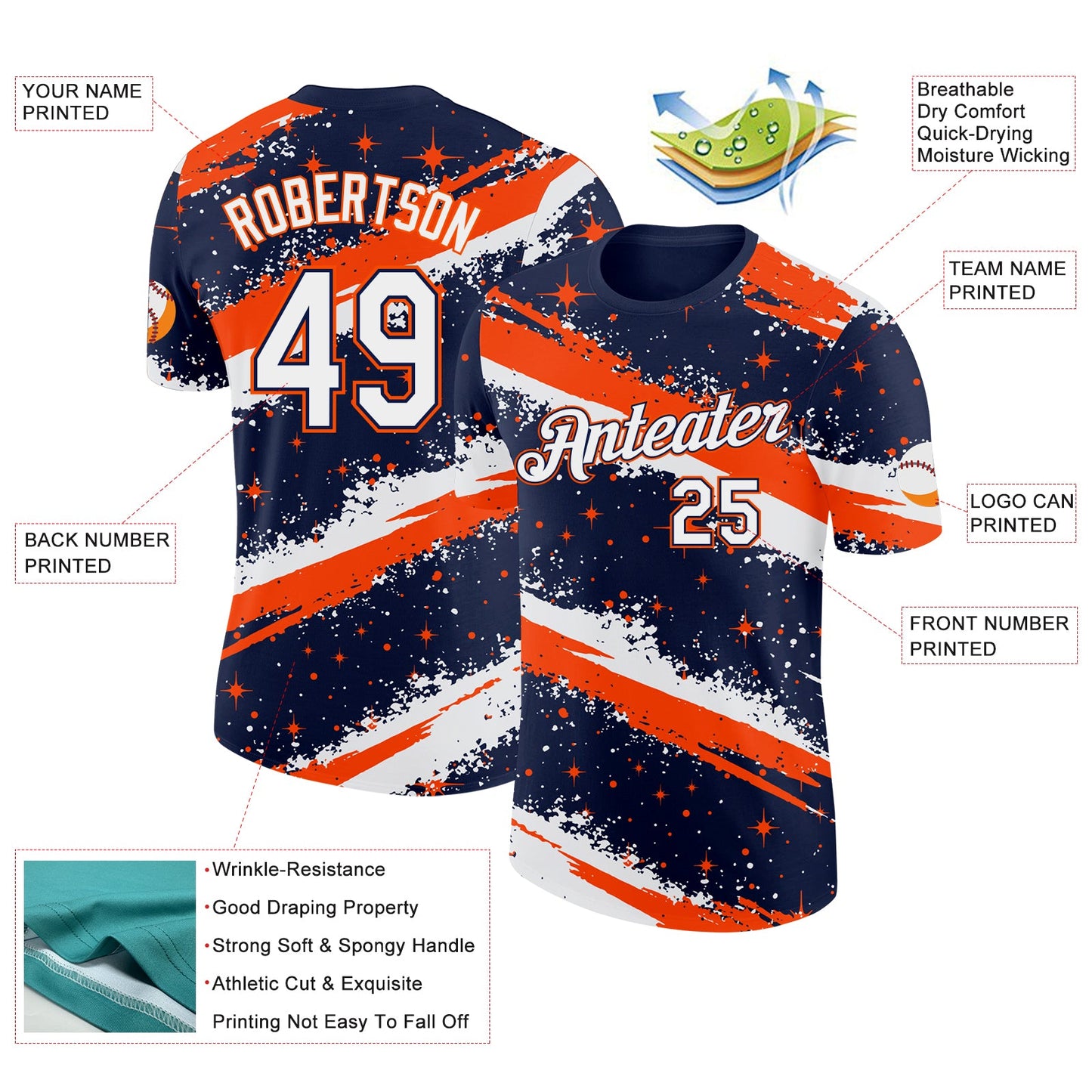 Custom Navy White-Orange Brush Stroke Splatter Starburst Performance T-Shirt view 2