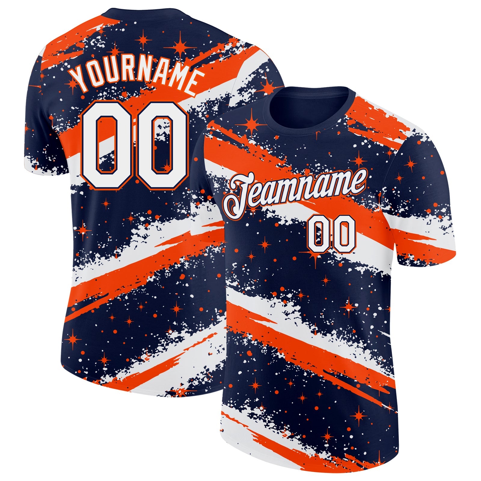 Custom Navy White-Orange Brush Stroke Splatter Starburst Performance T-Shirt - Main View