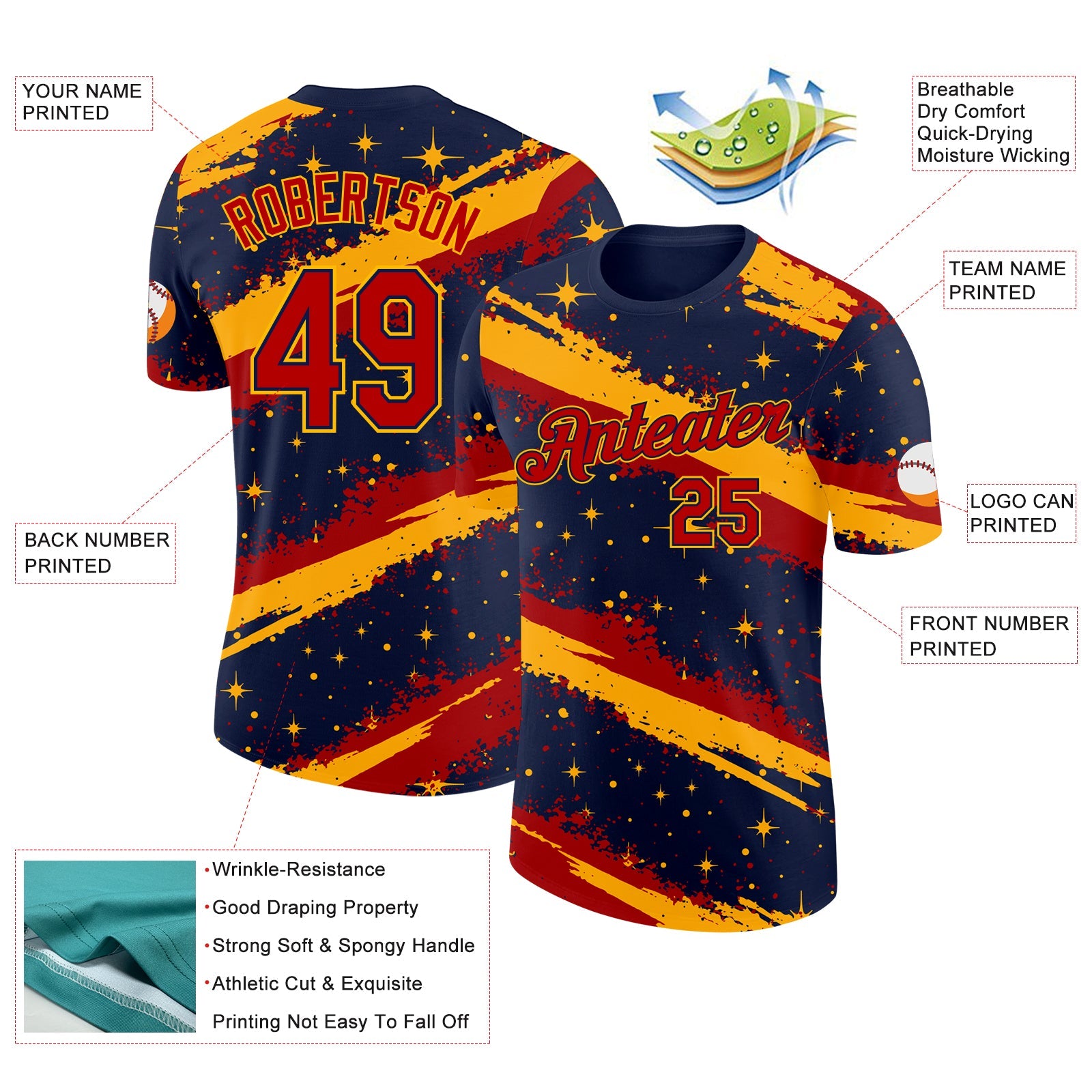 Custom Navy Red-Gold Brush Stroke Splatter Starburst Performance T-Shirt view 2